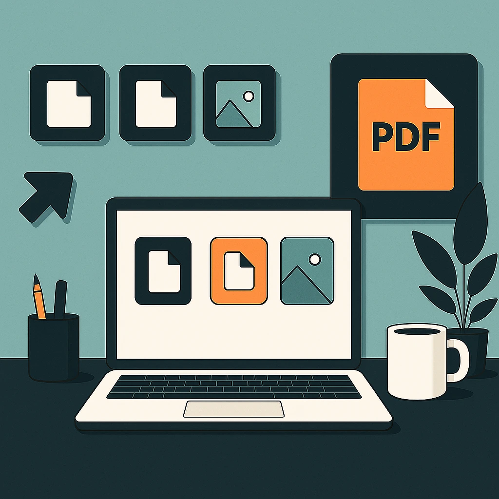 A minimalist flat-style digital illustration of a workspace featuring a laptop on a desk with file-related icons displayed on the screen. The icons include document and image symbols in teal, orange, and dark gray tones. On the wall above the laptop are matching icons for a document, an image, and a large orange PDF file icon. The setup also includes a pen holder with pencils, a small potted plant, and a coffee mug, all rendered in clean geometric shapes with a soft teal background.