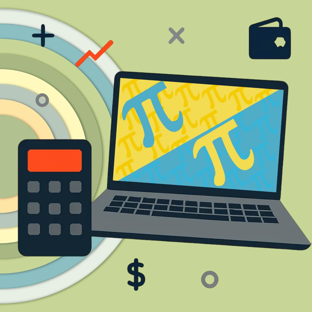 Minimalistic digital illustration of a modern calculator and laptop placed side by side on a light gray background. The calculator features a black body with an orange display and gray buttons, while the laptop has a dark gray frame and black keyboard. Surrounding them are subtle financial and mathematical icons including a dollar sign, line graph, wallet, plus sign, multiplication symbol, and circular accents, all rendered in a tech-inspired color palette of navy blue, orange, and gray.