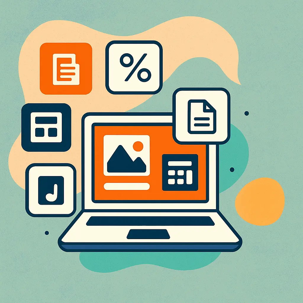 Home page hero section image of toolsbeacon, A flat-style digital illustration of a laptop surrounded by online productivity tool icons, including a document, calculator, and percentage symbol. The laptop screen displays a graphic with an image placeholder and a data grid. The background features soft abstract shapes in muted teal, beige, and orange tones, creating a modern, creative workspace aesthetic.